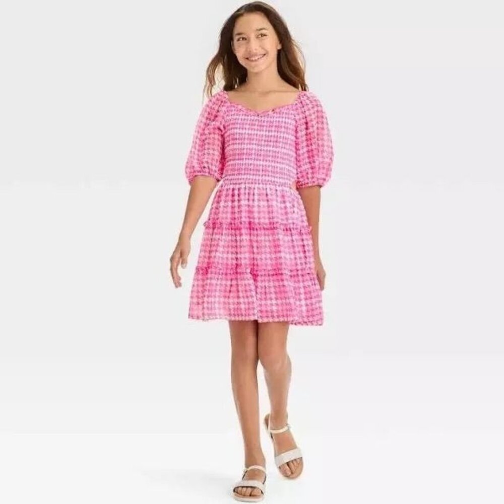 NEW Art Class Girl's Smocked Bodice Cut Out Chiffon Dress - Pink